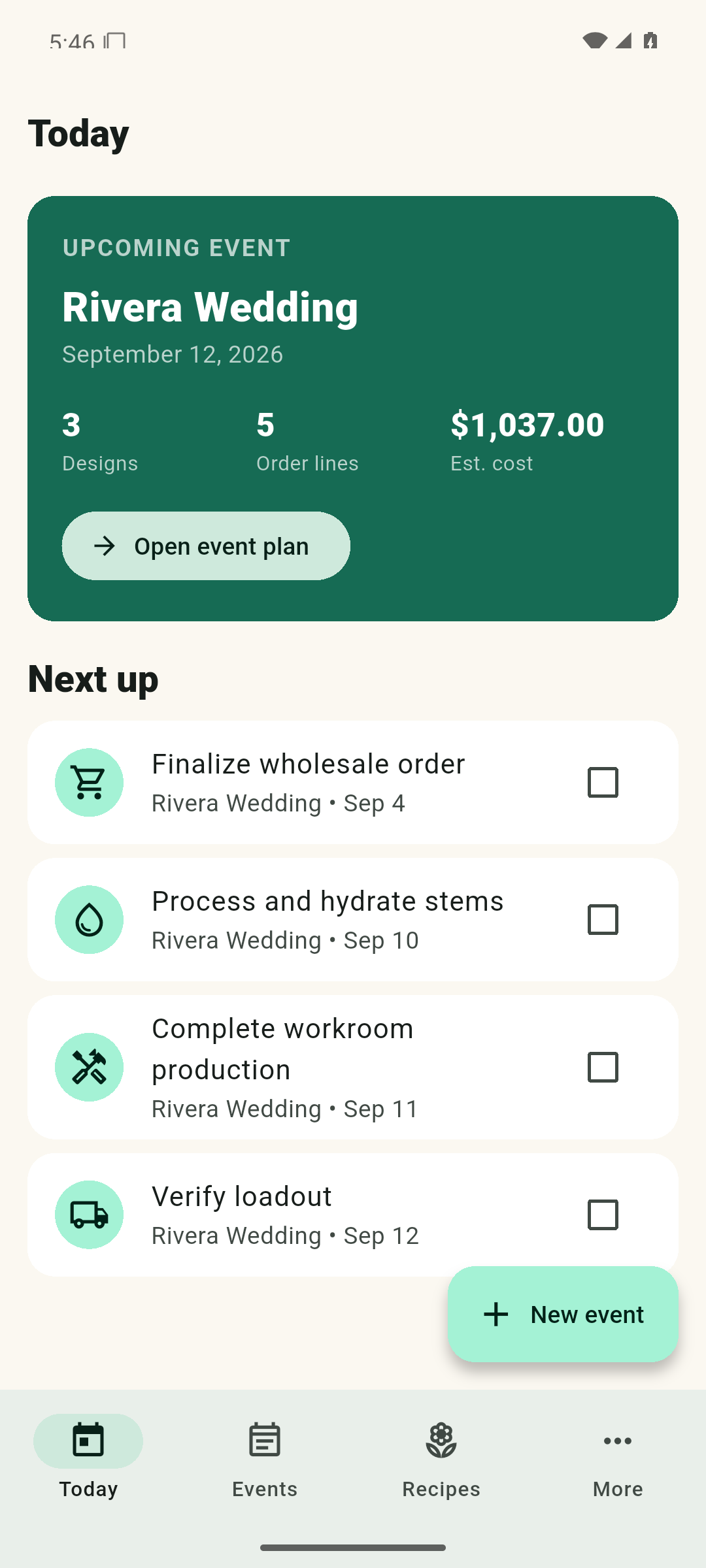 Bunchwise Today dashboard showing the Rivera Wedding and its upcoming workroom tasks